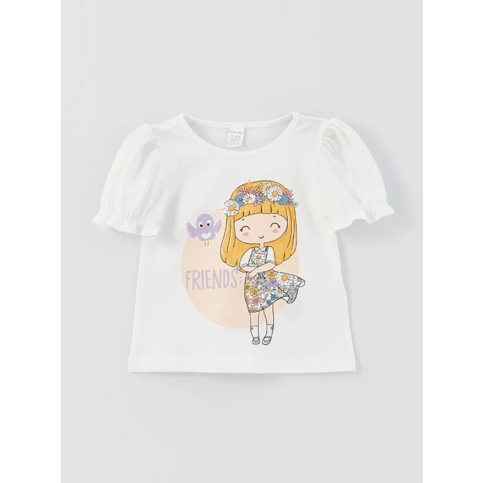 LCW baby Ekru Bisiklet Yaka Baskılı Kız Bebek Tişört ve Etek 2li Takım