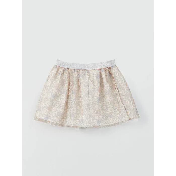 LCW baby Ekru Bisiklet Yaka Baskılı Kız Bebek Tişört ve Etek 2li Takım