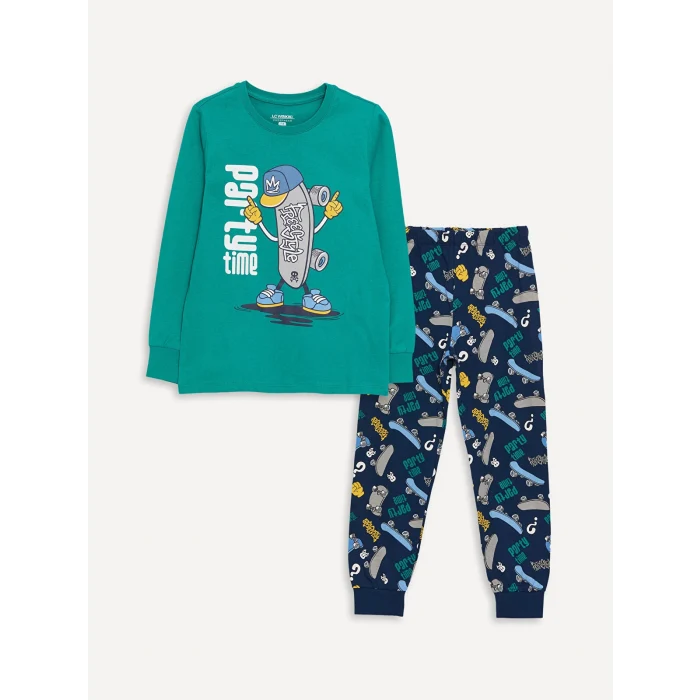 LCW Kids Yeşil Bisiklet Yaka Baskılı Uzun Kollu Erkek Çocuk Pijama Takımı