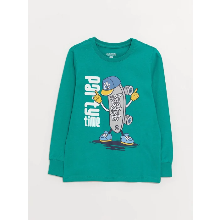 LCW Kids Yeşil Bisiklet Yaka Baskılı Uzun Kollu Erkek Çocuk Pijama Takımı
