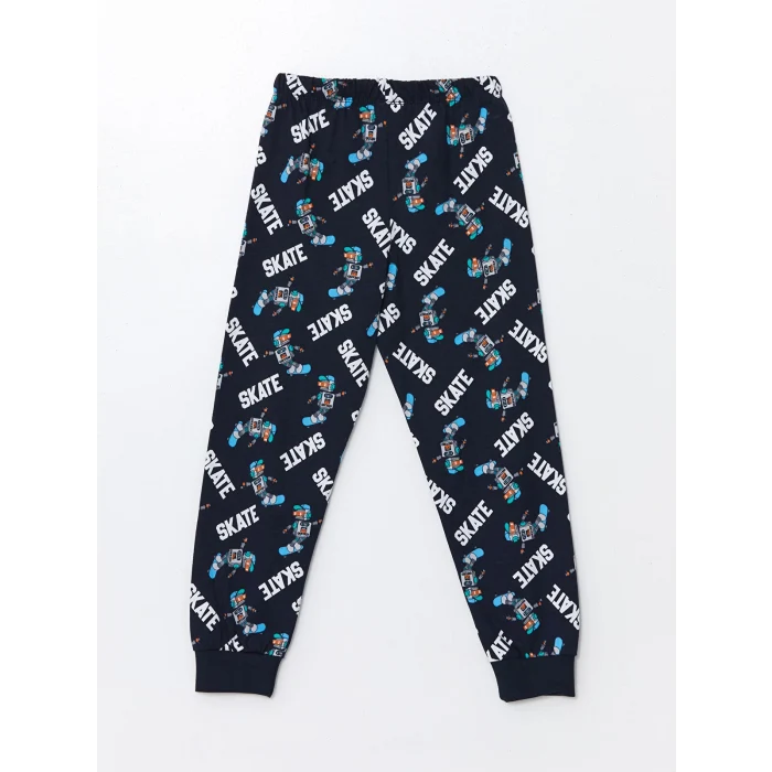 LCW Kids Gri Bisiklet Yaka Baskılı Uzun Kollu Erkek Çocuk Pijama Takımı