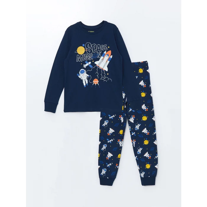 LCW Kids Lacivert Bisiklet Yaka Baskılı Uzun Kollu Erkek Çocuk Pijama Takımı