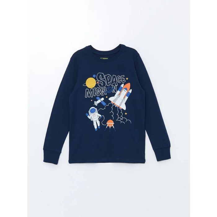 LCW Kids Lacivert Bisiklet Yaka Baskılı Uzun Kollu Erkek Çocuk Pijama Takımı