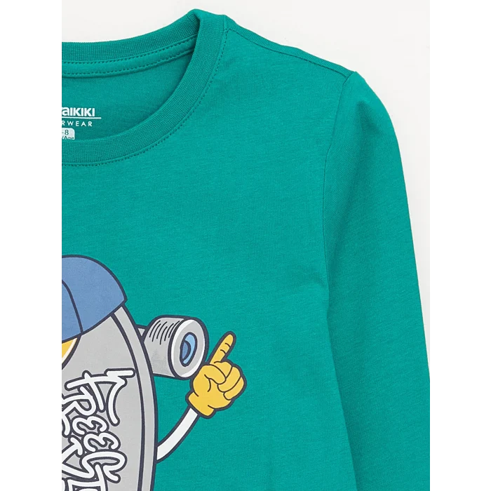 LCW Kids Yeşil Bisiklet Yaka Baskılı Uzun Kollu Erkek Çocuk Pijama Takımı