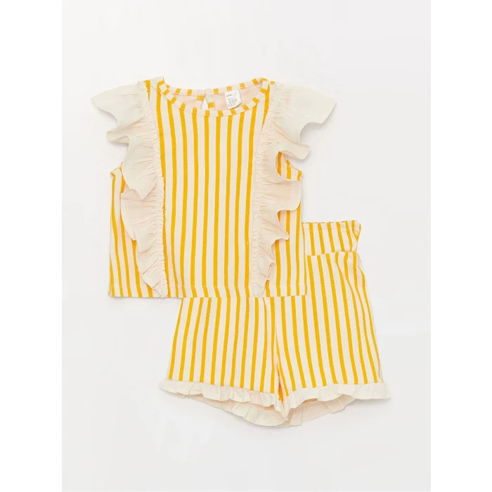 LCW baby Ekru Bisiklet Yaka Çizgili Kız Bebek Bluz ve Şort 2li Takım