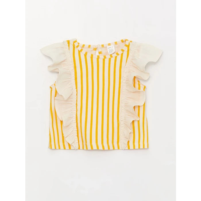 LCW baby Ekru Bisiklet Yaka Çizgili Kız Bebek Bluz ve Şort 2li Takım