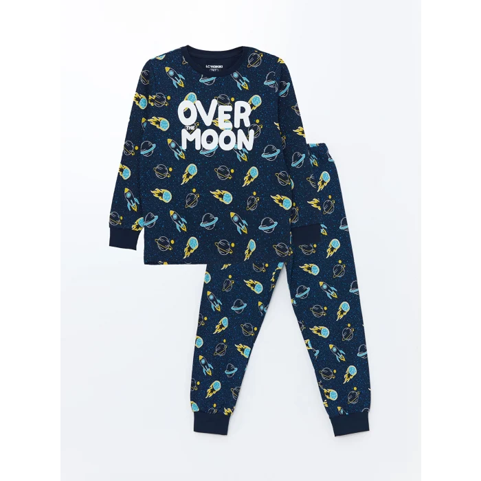 LCW Kids Lacivert Bisiklet Yaka Baskılı Uzun Kollu Erkek Çocuk Pijama Takımı