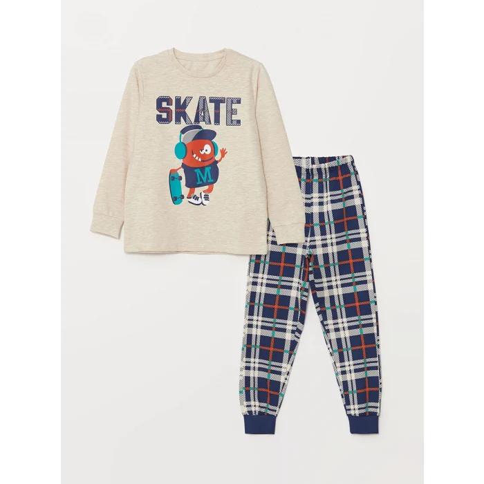LCW Kids Bej Bisiklet Yaka Baskılı Uzun Kollu Erkek Çocuk Pijama Takımı