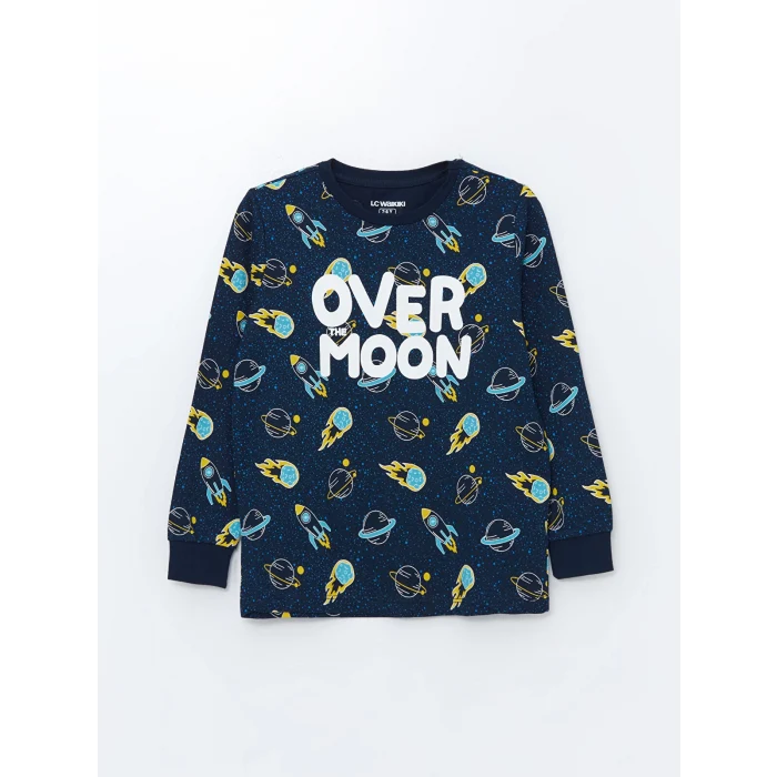 LCW Kids Lacivert Bisiklet Yaka Baskılı Uzun Kollu Erkek Çocuk Pijama Takımı