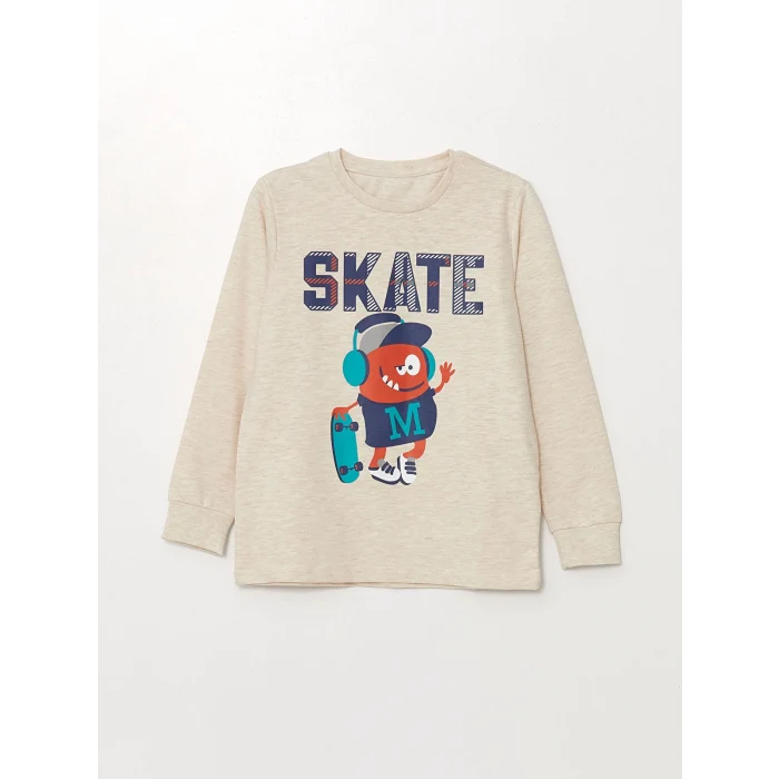 LCW Kids Bej Bisiklet Yaka Baskılı Uzun Kollu Erkek Çocuk Pijama Takımı