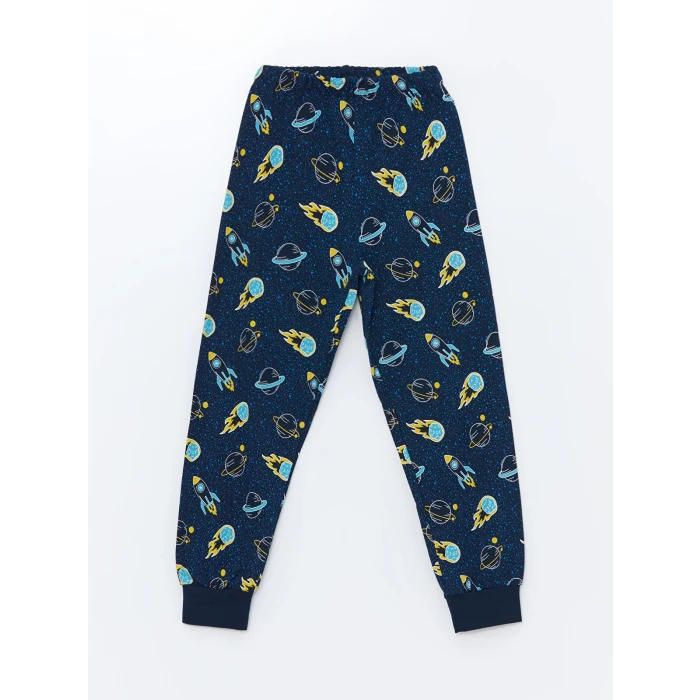 LCW Kids Lacivert Bisiklet Yaka Baskılı Uzun Kollu Erkek Çocuk Pijama Takımı