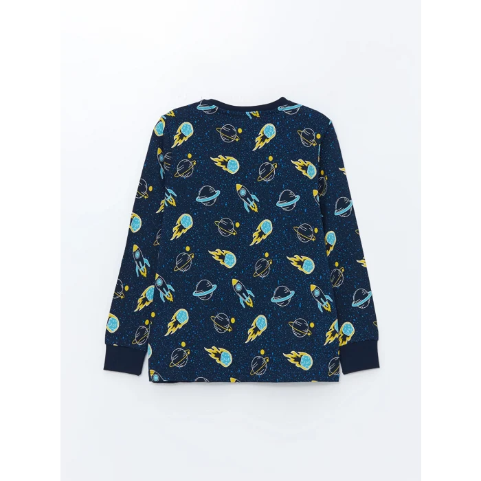 LCW Kids Lacivert Bisiklet Yaka Baskılı Uzun Kollu Erkek Çocuk Pijama Takımı