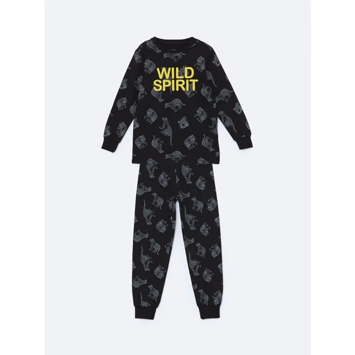 LCW Kids Antrasit Bisiklet Yaka Baskılı Uzun Kollu Erkek Çocuk Pijama Takımı