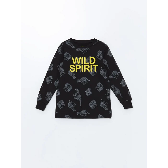 LCW Kids Antrasit Bisiklet Yaka Baskılı Uzun Kollu Erkek Çocuk Pijama Takımı