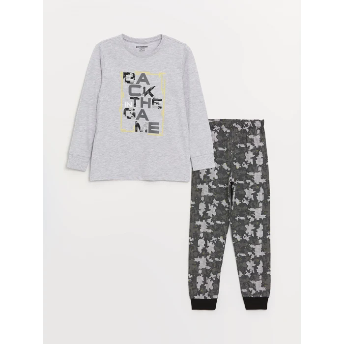 LCW Kids Gri Bisiklet Yaka Baskılı Uzun Kollu Erkek Çocuk Pijama Takımı
