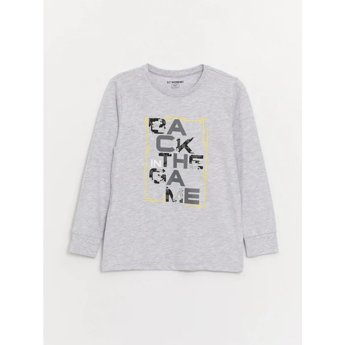 LCW Kids Gri Bisiklet Yaka Baskılı Uzun Kollu Erkek Çocuk Pijama Takımı
