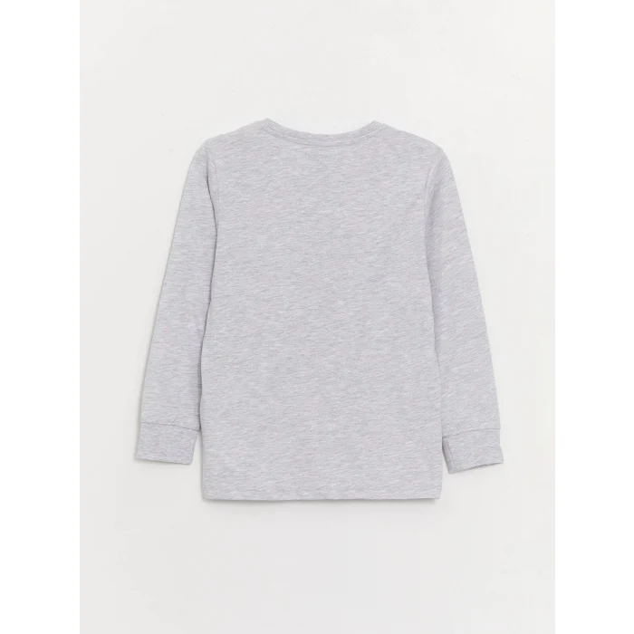 LCW Kids Gri Bisiklet Yaka Baskılı Uzun Kollu Erkek Çocuk Pijama Takımı
