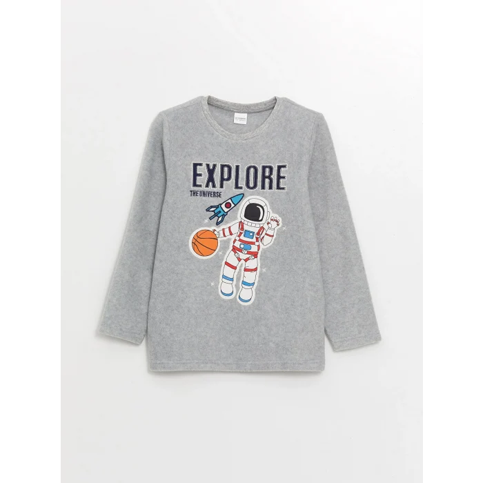 LCW Kids Gri Bisiklet Yaka Baskılı Uzun Kollu Polar Erkek Çocuk Pijama Takımı