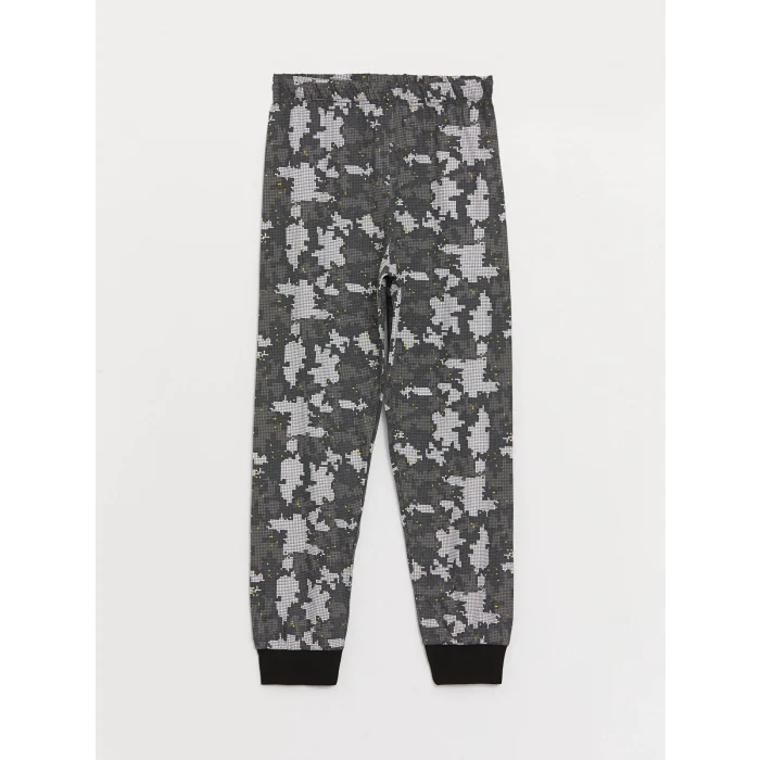 LCW Kids Gri Bisiklet Yaka Baskılı Uzun Kollu Erkek Çocuk Pijama Takımı