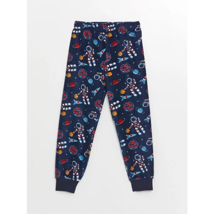 LCW Kids Gri Bisiklet Yaka Baskılı Uzun Kollu Polar Erkek Çocuk Pijama Takımı