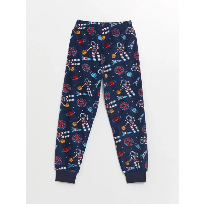 LCW Kids Gri Bisiklet Yaka Baskılı Uzun Kollu Polar Erkek Çocuk Pijama Takımı