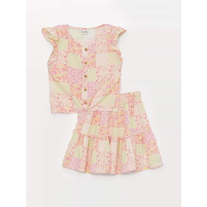 LCW Kids Karişik Bisiklet Yaka Baskılı Kısa Kollu Kız Çocuk Bluz ve Etek