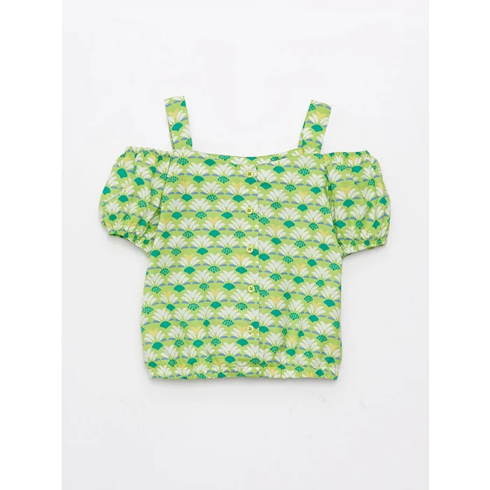 LCW Kids Yeşil Kare Yaka Desenli Kısa Kollu Kız Çocuk Bluz