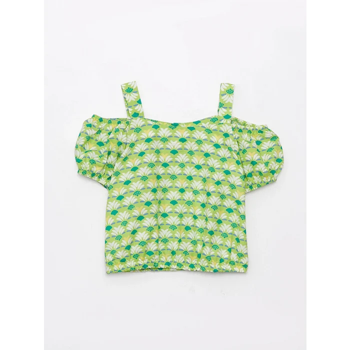 LCW Kids Yeşil Kare Yaka Desenli Kısa Kollu Kız Çocuk Bluz