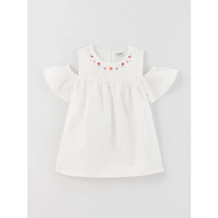 LCW Kids Ekru Bisiklet Yaka Baskılı Kısa Kollu Kız Çocuk Bluz