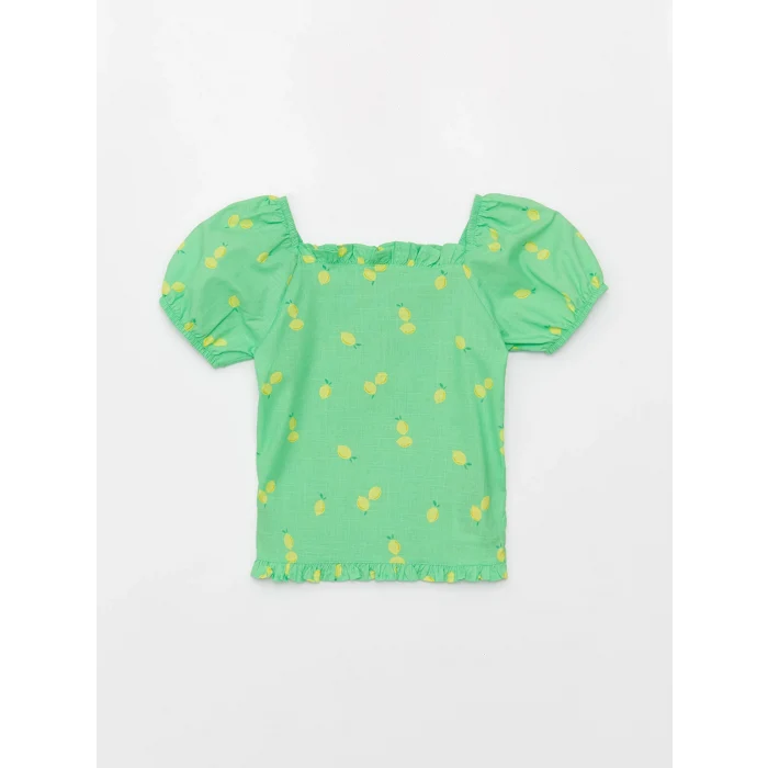 LCW Kids Yeşil Kare Yaka Desenli Kısa Kollu Kız Çocuk Bluz