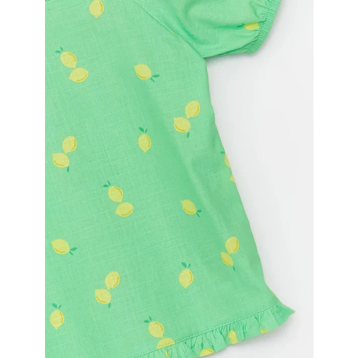 LCW Kids Yeşil Kare Yaka Desenli Kısa Kollu Kız Çocuk Bluz