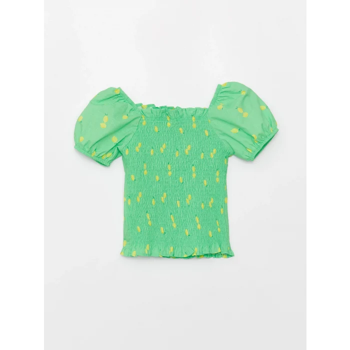 LCW Kids Yeşil Kare Yaka Desenli Kısa Kollu Kız Çocuk Bluz
