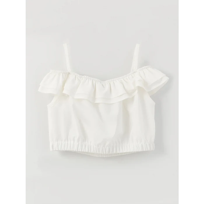 LCW Kids Ekru Kare Yaka Basic Kız Çocuk Crop Bluz