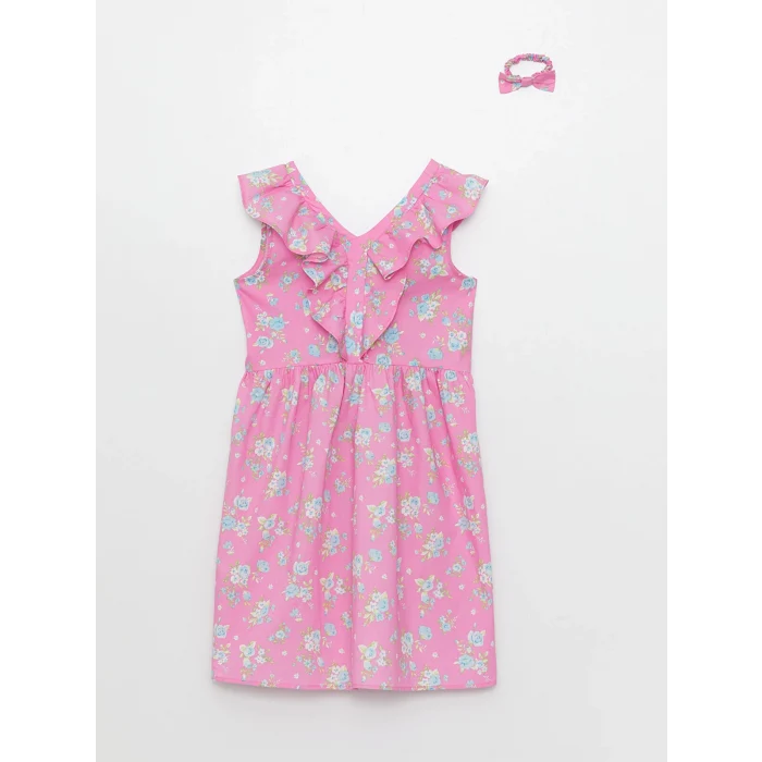 LCW Kids Pembe V Yaka Desenli Kısa Kollu Kız Çocuk Elbise ve Toka