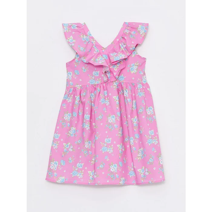 LCW Kids Pembe V Yaka Desenli Kısa Kollu Kız Çocuk Elbise ve Toka
