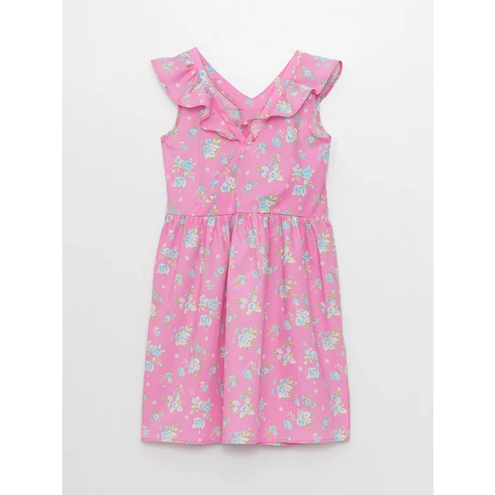 LCW Kids Pembe V Yaka Desenli Kısa Kollu Kız Çocuk Elbise ve Toka