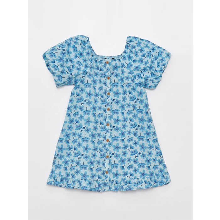 LCW Kids Mavi U Yaka Desenli Kısa Kollu Kız Çocuk Elbise