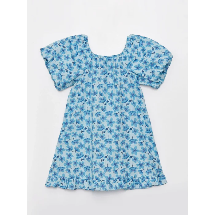 LCW Kids Mavi U Yaka Desenli Kısa Kollu Kız Çocuk Elbise