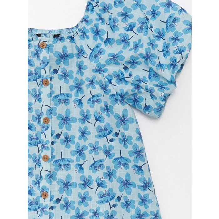 LCW Kids Mavi U Yaka Desenli Kısa Kollu Kız Çocuk Elbise