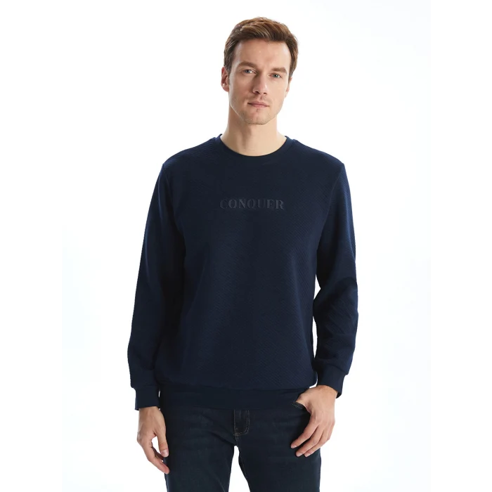 LCWAIKIKI Classic Lacivert Bisiklet Yaka Uzun Kollu Baskılı Erkek Sweatshirt