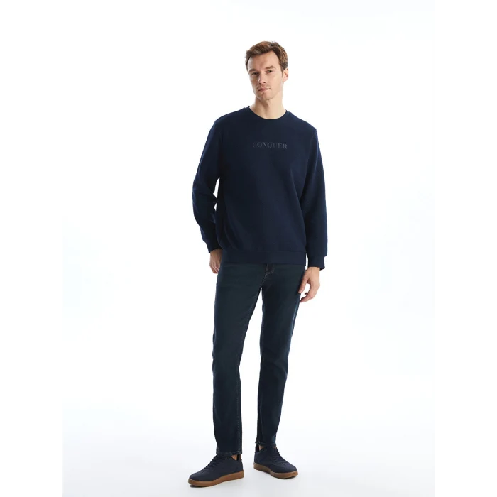 LCWAIKIKI Classic Lacivert Bisiklet Yaka Uzun Kollu Baskılı Erkek Sweatshirt