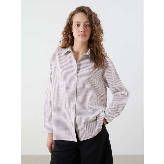 LCWAIKIKI Classic Turuncu Çizgili Poplin Kadın Gömlek