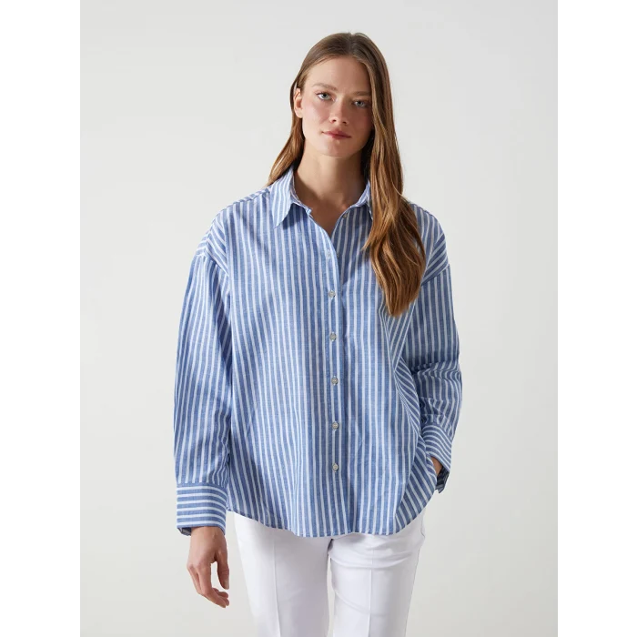 LCW Vision Mavi Çizgili Oversize Kadın Gömlek