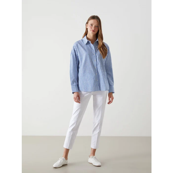LCW Vision Mavi Çizgili Oversize Kadın Gömlek