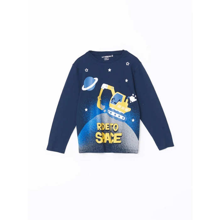 LCW Kids Lacivert Bisiklet Yaka Baskılı Erkek Çocuk Pijama Takımı