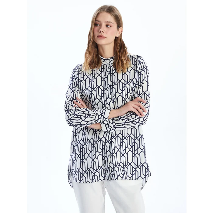 LCWAIKIKI Classic Mavi Hakim Yaka Desenli Kadın Gömlek Tunik