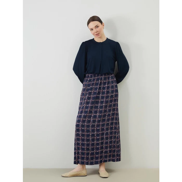 LCW Grace Lacivert Beli Lastikli Desenli Kadın Etek
