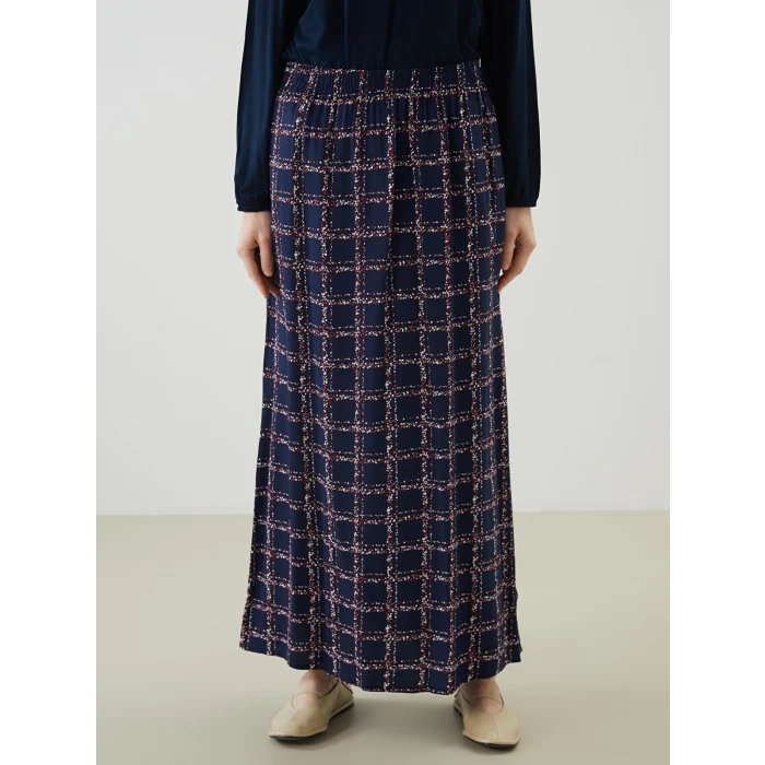 LCW Grace Lacivert Beli Lastikli Desenli Kadın Etek