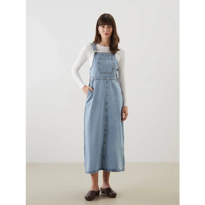LCW Modest Indigo Kare Yaka Düz Askılı Kadın Jean Salopet Elbise