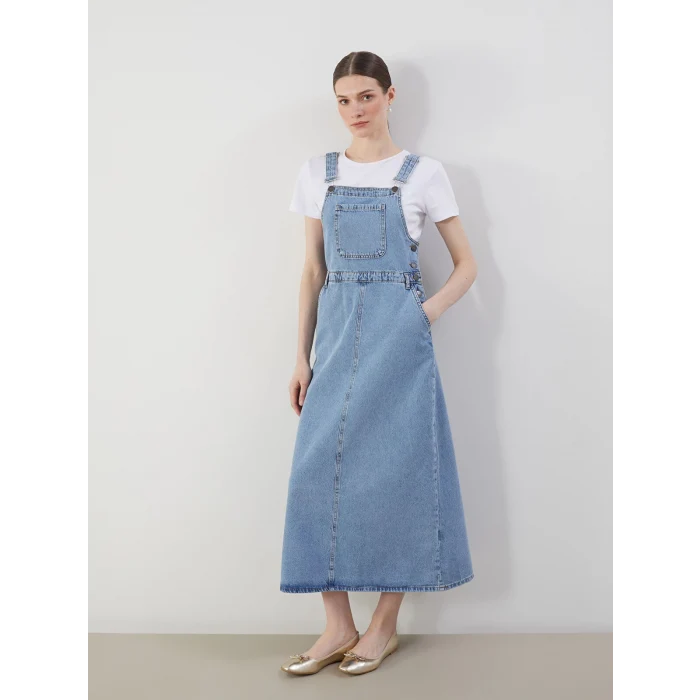 LCW Modest Indigo Kare Yaka Düz Askılı Kadın Jean Salopet Elbise